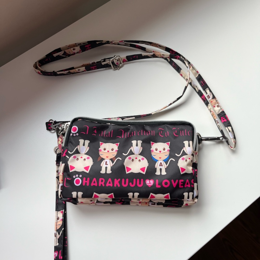 Cute Cat Character Black Pink Crossbody Bag / Wristlet / Purse Travel Everyday